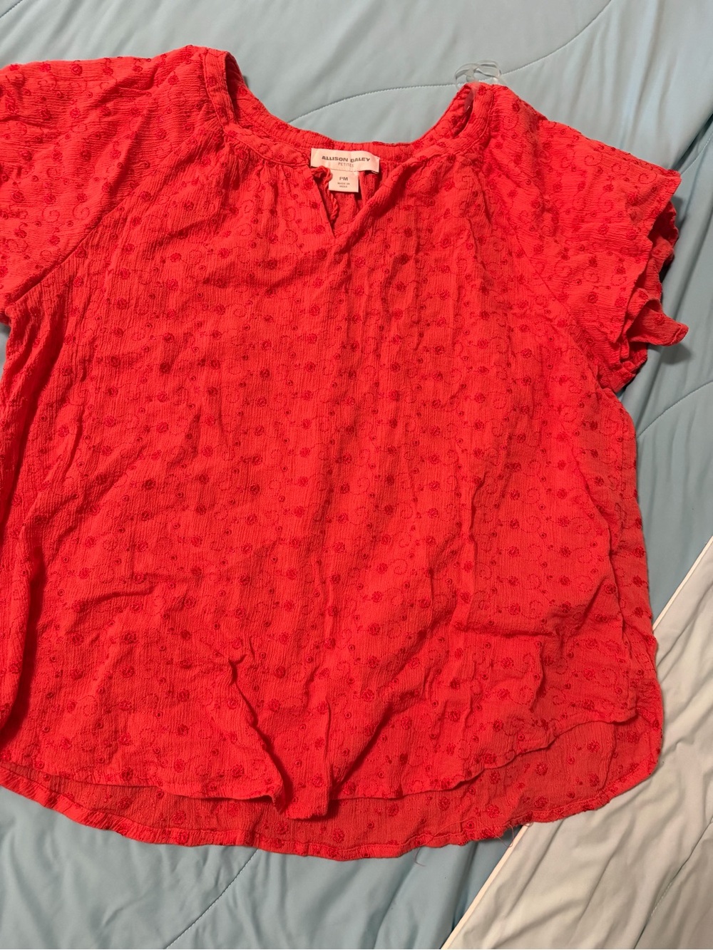 Madewell Coral-Red Short Sleeve Textured V-Neck Blouse